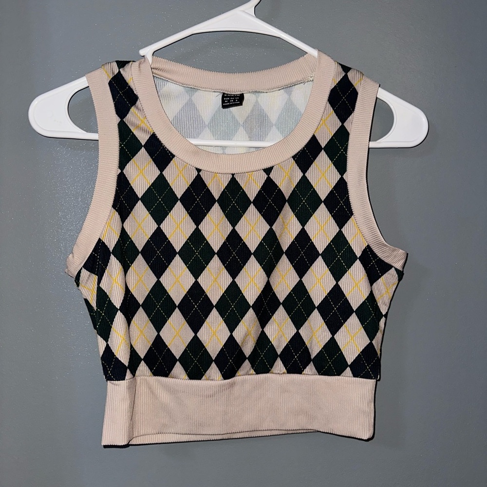 Argyle Patterned Top - Beige and Black